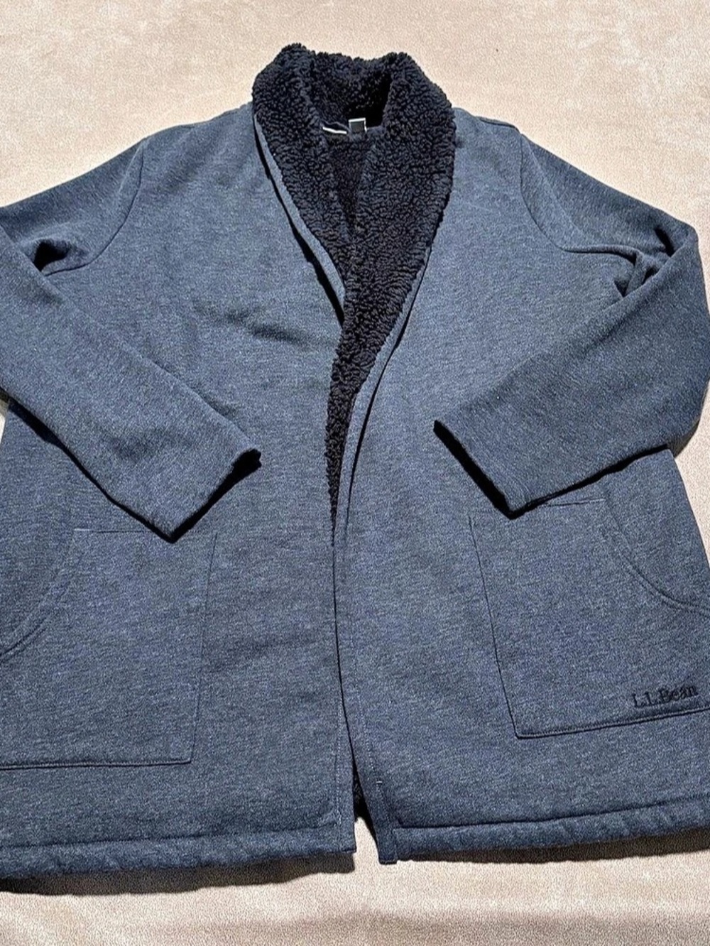 L.L. Bean Gray Sherpa Lined Open Front Cardigan Jacket L